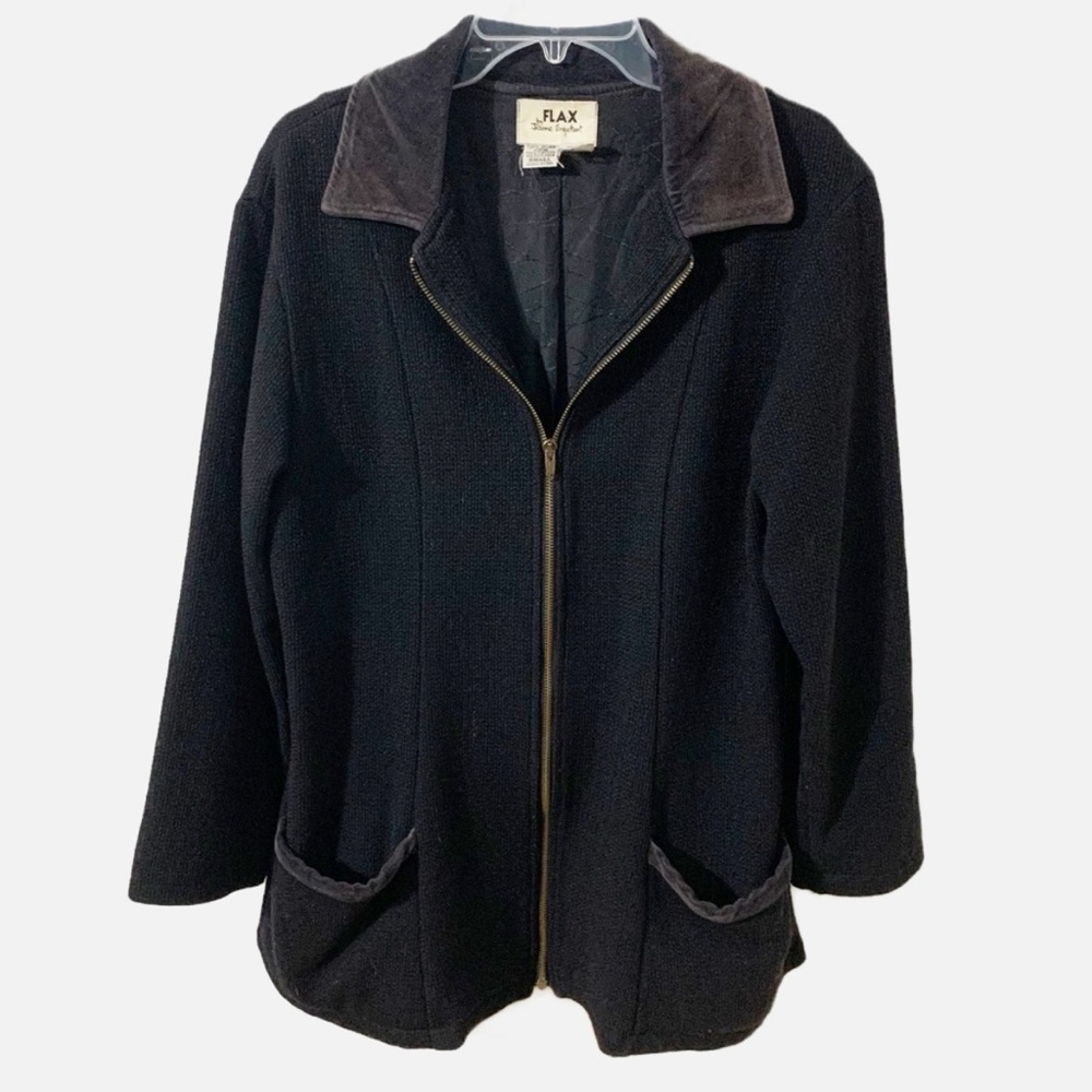 FLAX Jeanne Englehart Wool Full Front Zip Barn Jacket Velveted Pointed Collar